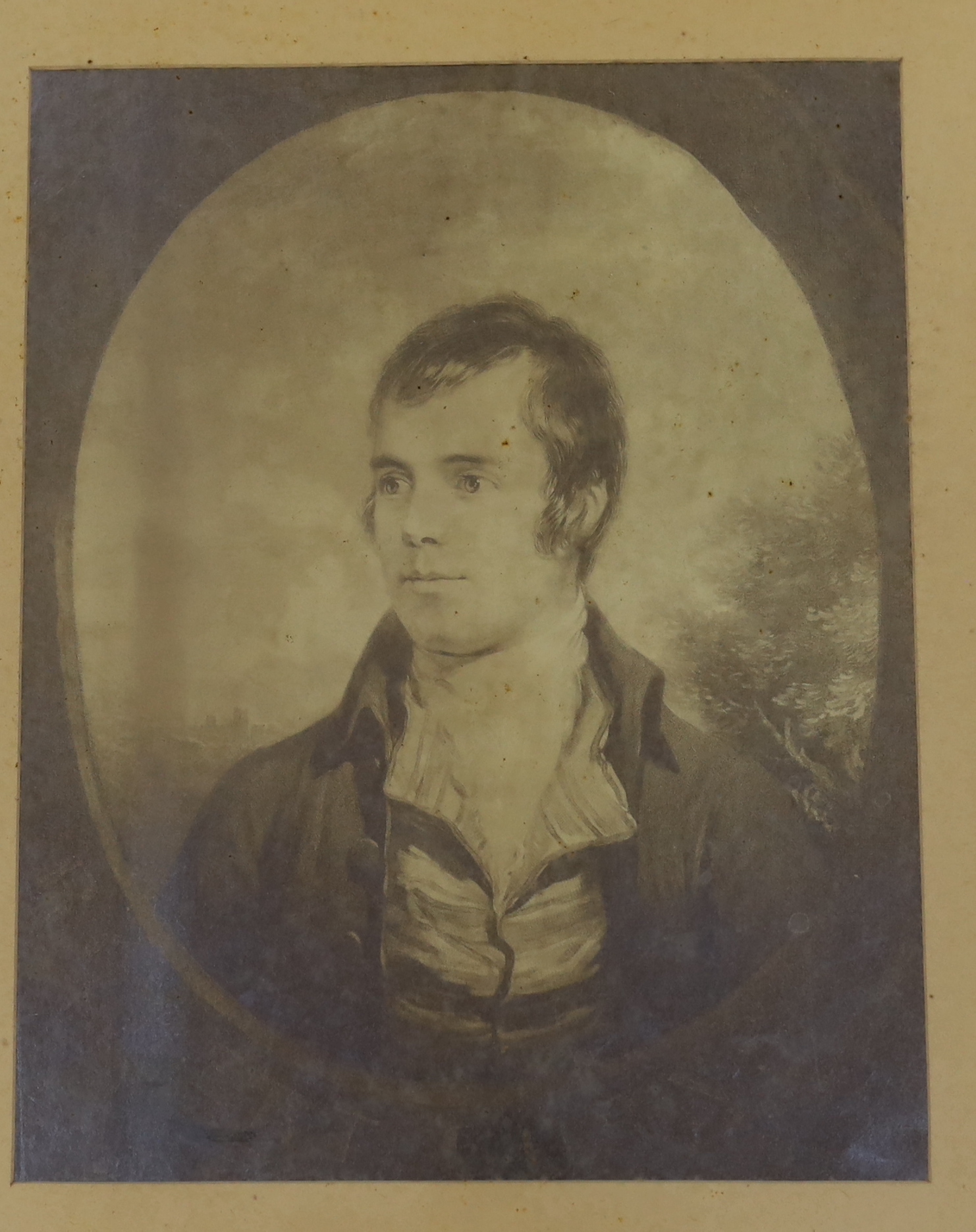 19th century English School, mezzotint, Portrait of Sir Walter Scott, 33 x 26cm and later photo print of Robert Burns, 32 x 26cm, in matching Victorian rosewood frames